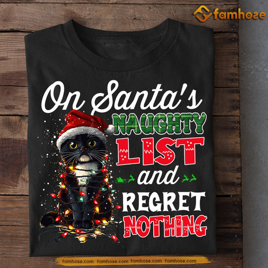 Funny Christmas Cat T-shirt, On Santa's Naughty List, Xmas Gift For Black Cat Lovers, Cat Owners Tee