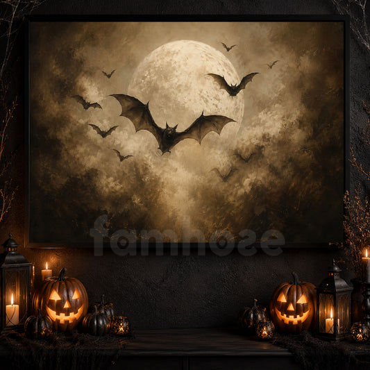 Vintage Halloween Flying Bats Canvas Painting, Full Moon Gothic Bat Spooky Season Wall Art Decor, Halloween Poster Gift For Bats Lover
