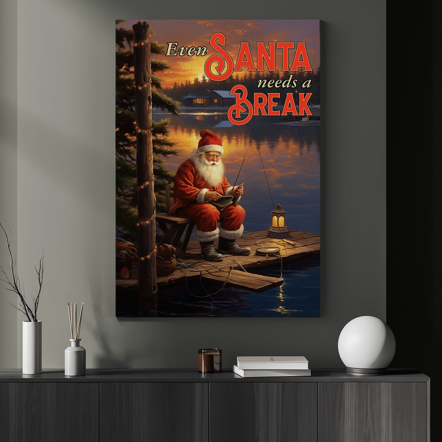 Even Santa Needs A Break, Santa Claus Christmas Canvas Painting, Xmas Wall Art Decor - Christmas Poster Gift For Fishing Lovers