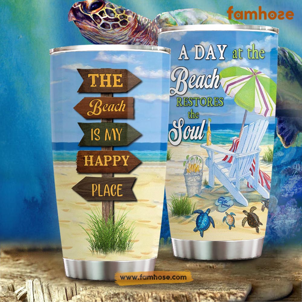 Turtle Tumbler, The Beach Is My Happy Place, Gift For Turtle Lovers