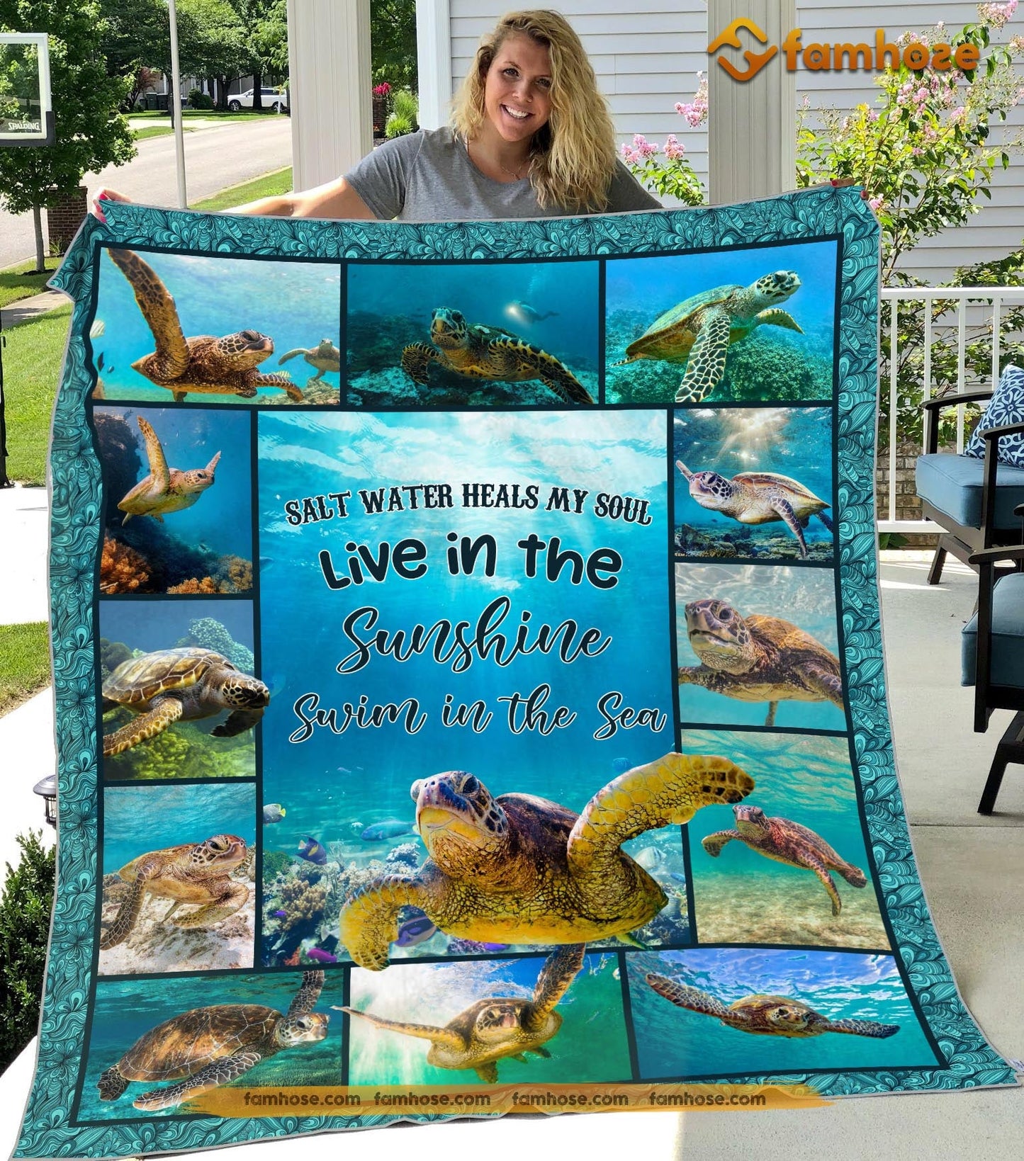 Turtle Blanket, Salt Water Heals My Soul Live In The Sunshine Fleece Blanket - Sherpa Blanket Gift For Turtle Lover, Turtle Owners