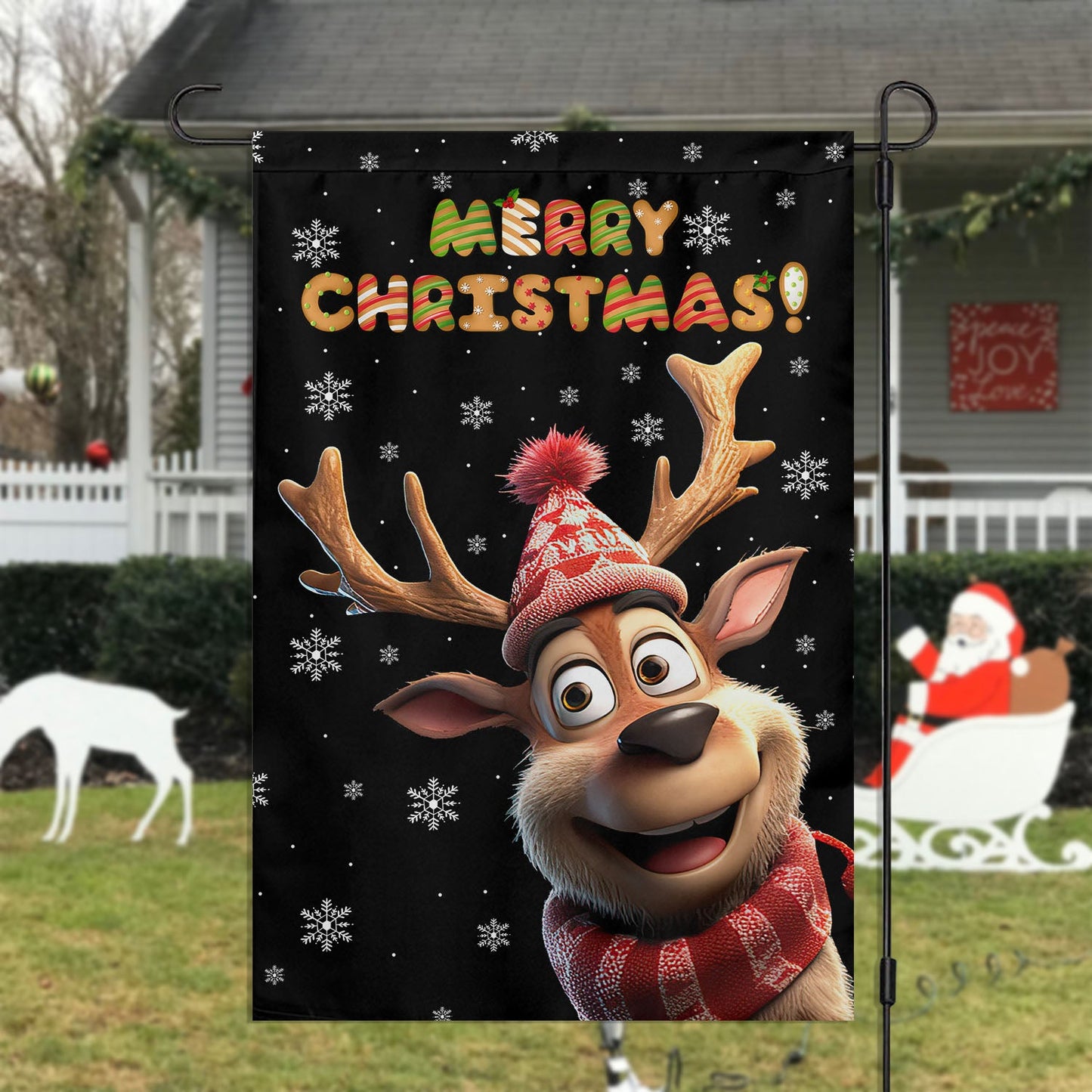 Funny Reindeer Merry Christmas, Reindeer Xmas Garden Flag & House Flag, Christmas Flag Gift For Reindeer Lovers