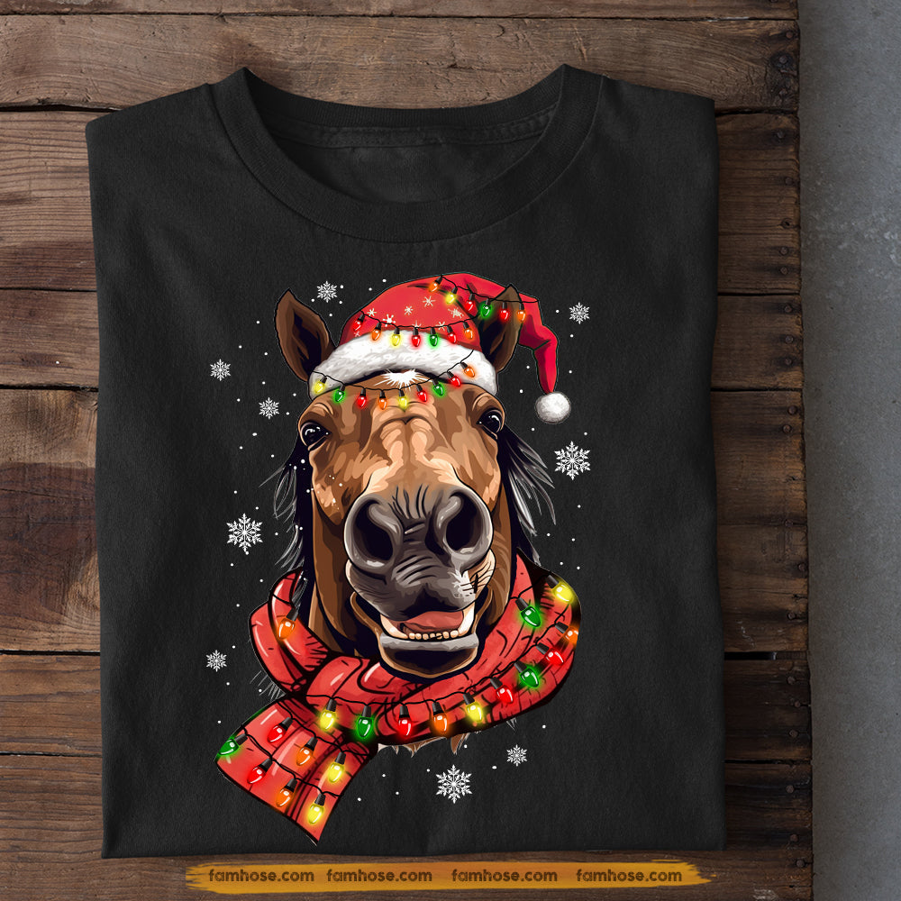 Funny Horse Face Christmas T-shirt, Horse Wearing Noel Scarf Hat, Gift For Horse Lovers, Horse Riders, Equestrians