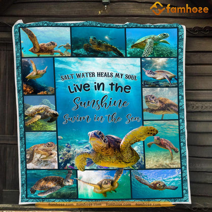 Turtle Blanket, Salt Water Heals My Soul Live In The Sunshine Fleece Blanket - Sherpa Blanket Gift For Turtle Lover, Turtle Owners