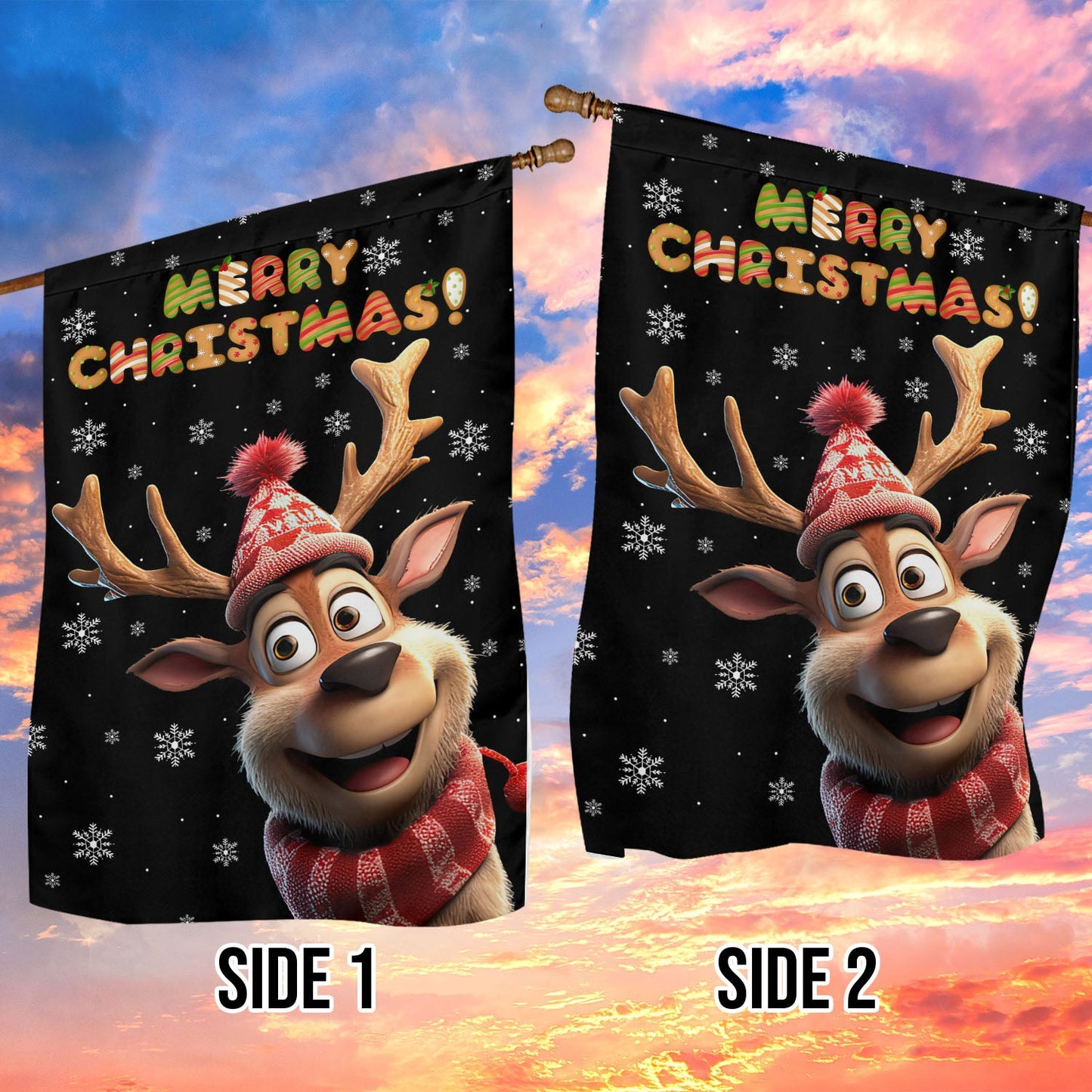 Funny Reindeer Merry Christmas, Reindeer Xmas Garden Flag & House Flag, Christmas Flag Gift For Reindeer Lovers