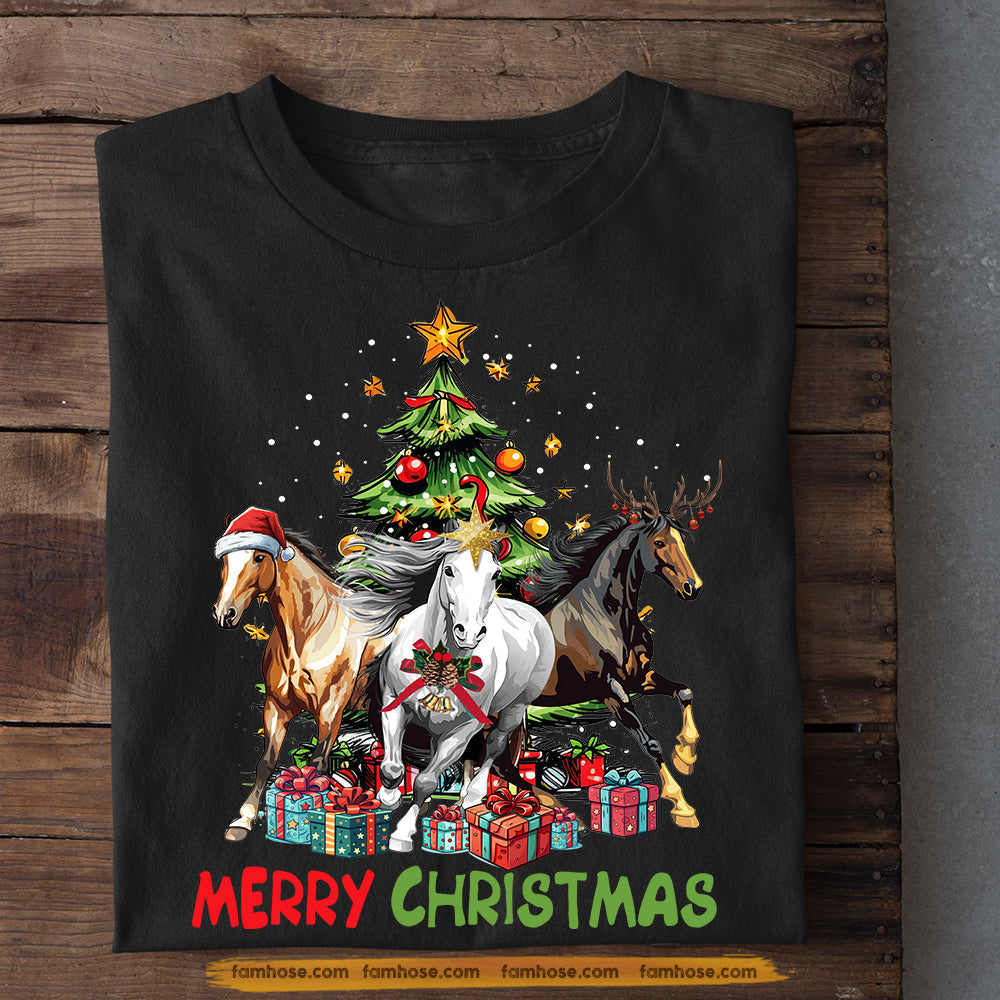 Horse Christmas T-shirt, Three Horses Around Christmas Tree, Gift For Horse Lovers, Horse Riders, Equestrians