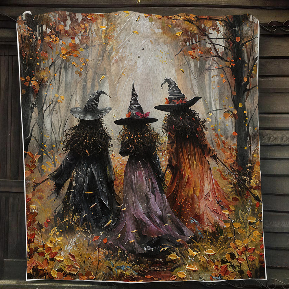 A Witches' Walk Amidst Autumn Leaves, Witches Fleece Blanket - Sherpa Blanket, Halloween Blanket Gift For Witch Lovers