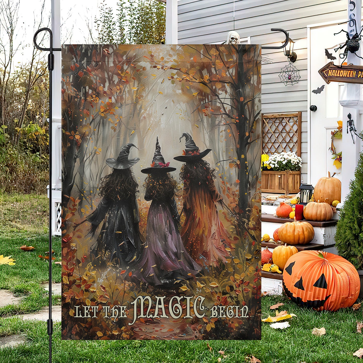 Autumn Witches Let The Magic Begin, Halloween Garden Flag & House Flag, Witch Outdoor Decor, Spooky Yard Decor Gift For Witch Lovers