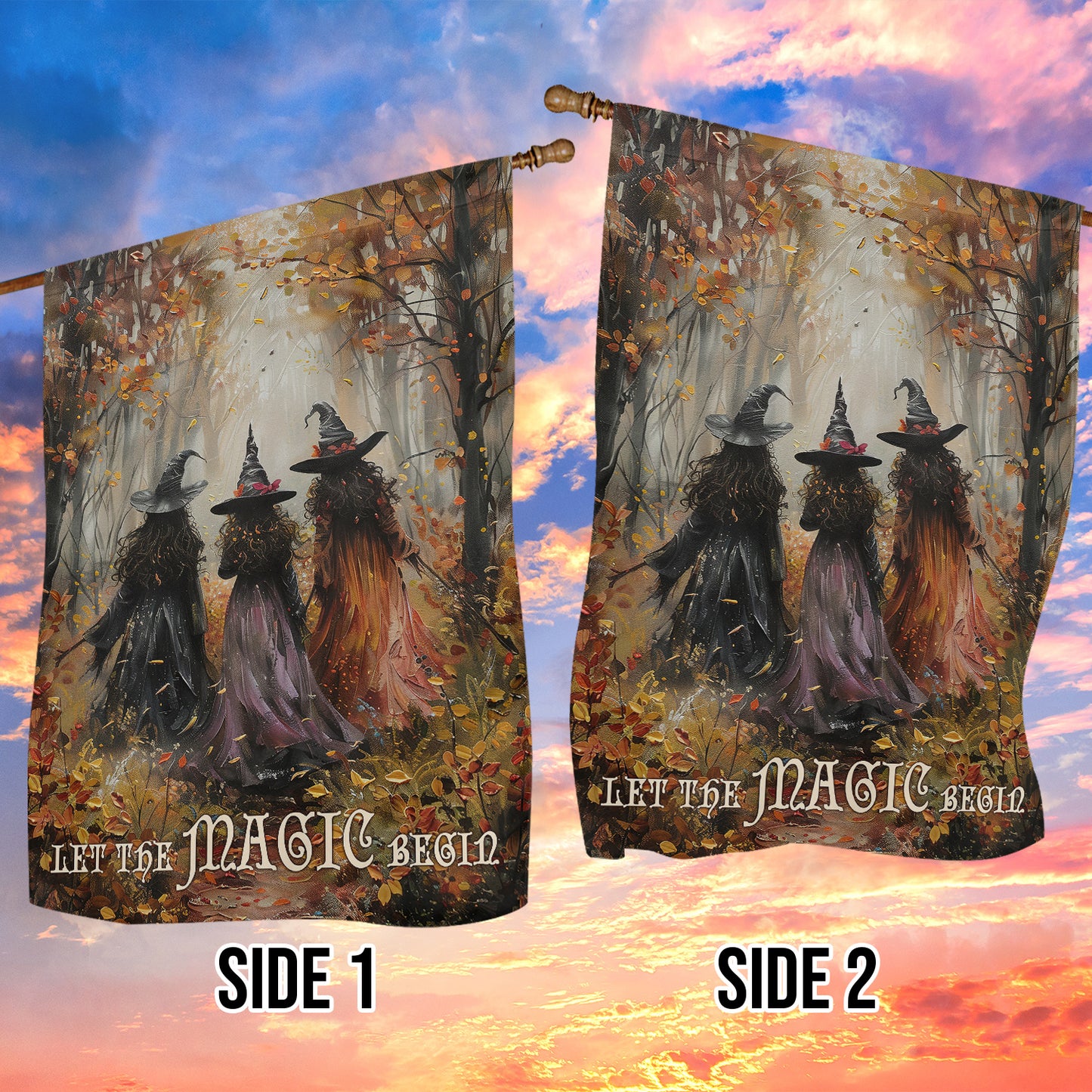 Autumn Witches Let The Magic Begin, Halloween Garden Flag & House Flag, Witch Outdoor Decor, Spooky Yard Decor Gift For Witch Lovers