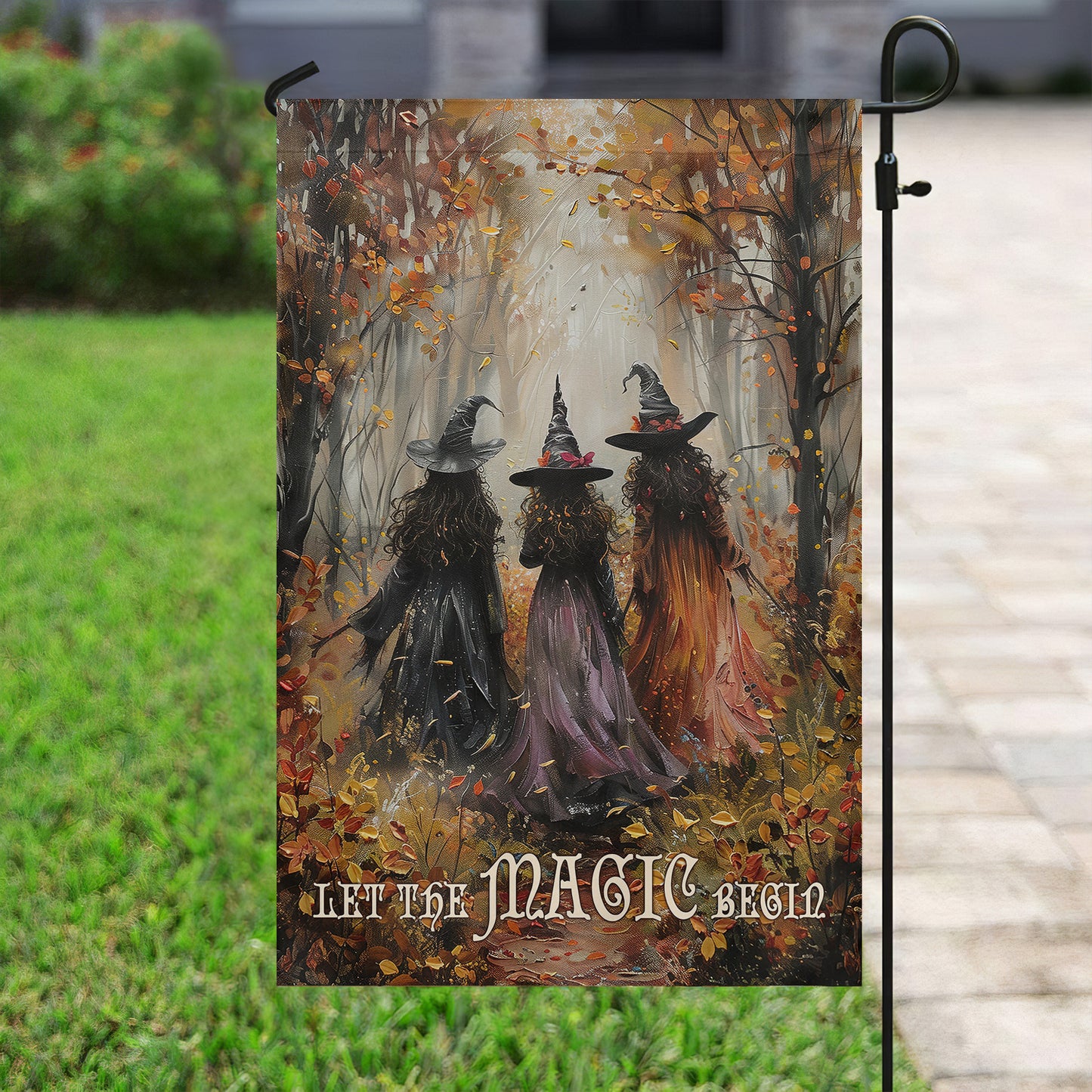 Autumn Witches Let The Magic Begin, Halloween Garden Flag & House Flag, Witch Outdoor Decor, Spooky Yard Decor Gift For Witch Lovers