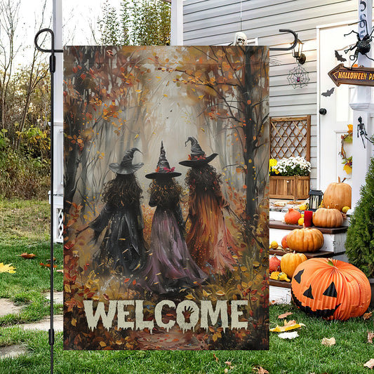 Autumn Witches Welcome, Halloween Garden Flag & House Flag, Witch Outdoor Decor, Spooky Yard Decor Gift For Witch Lovers