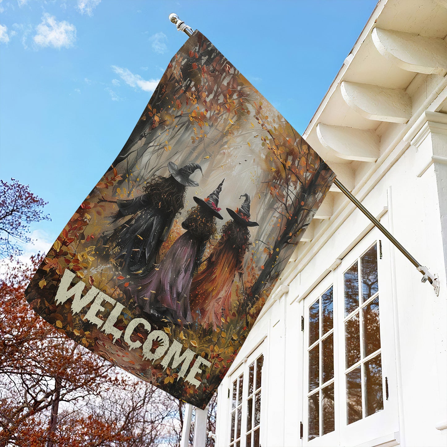 Autumn Witches Welcome, Halloween Garden Flag & House Flag, Witch Outdoor Decor, Spooky Yard Decor Gift For Witch Lovers