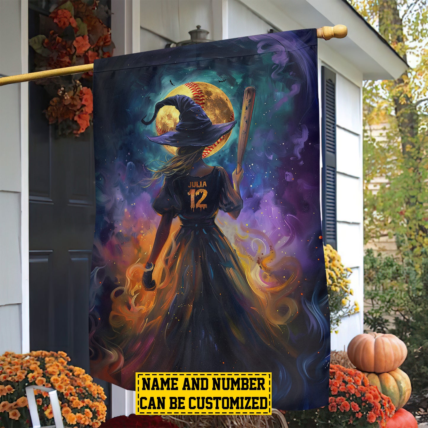 Personalized Softball Witch Garden Flag & House Flag, Halloween Outdoor Decor, Spooky Yard Decor Gift For Softball Lovers