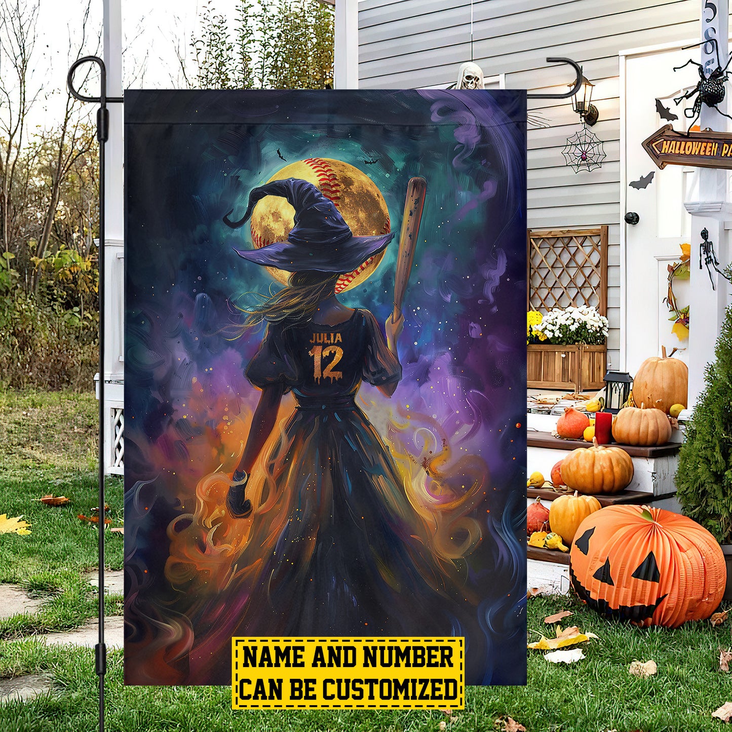 Personalized Softball Witch Garden Flag & House Flag, Halloween Outdoor Decor, Spooky Yard Decor Gift For Softball Lovers