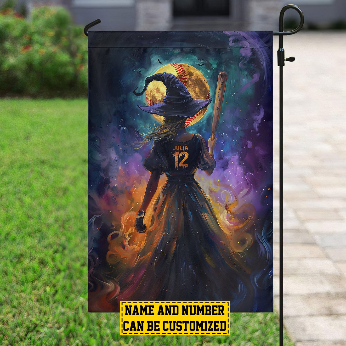 Personalized Softball Witch Garden Flag & House Flag, Halloween Outdoor Decor, Spooky Yard Decor Gift For Softball Lovers