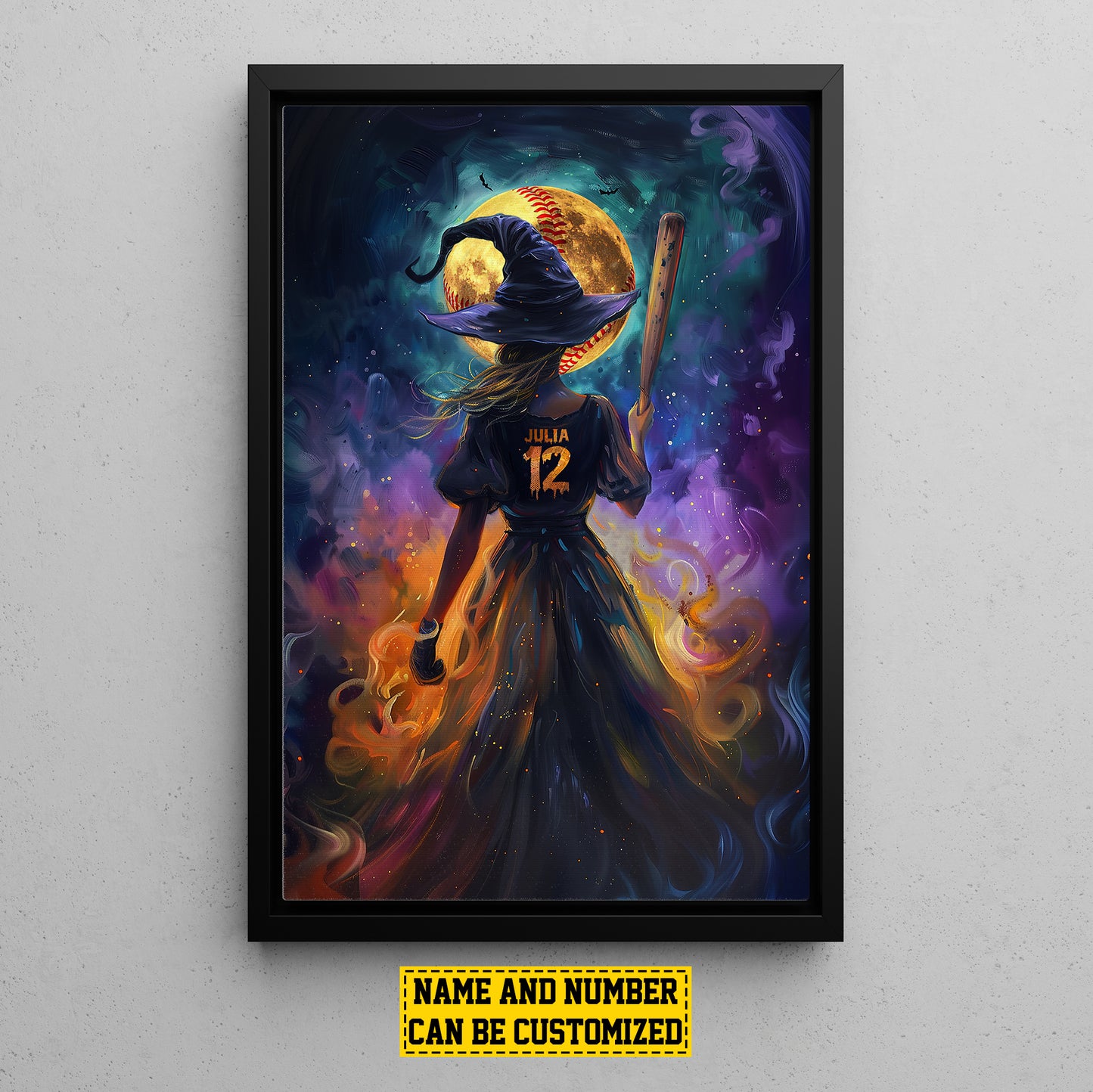 Personalized Softball Witch Canvas Painting, Spooky Season Wall Art Decor, Halloween Poster Gift For Softball Lovers, Softball Girls