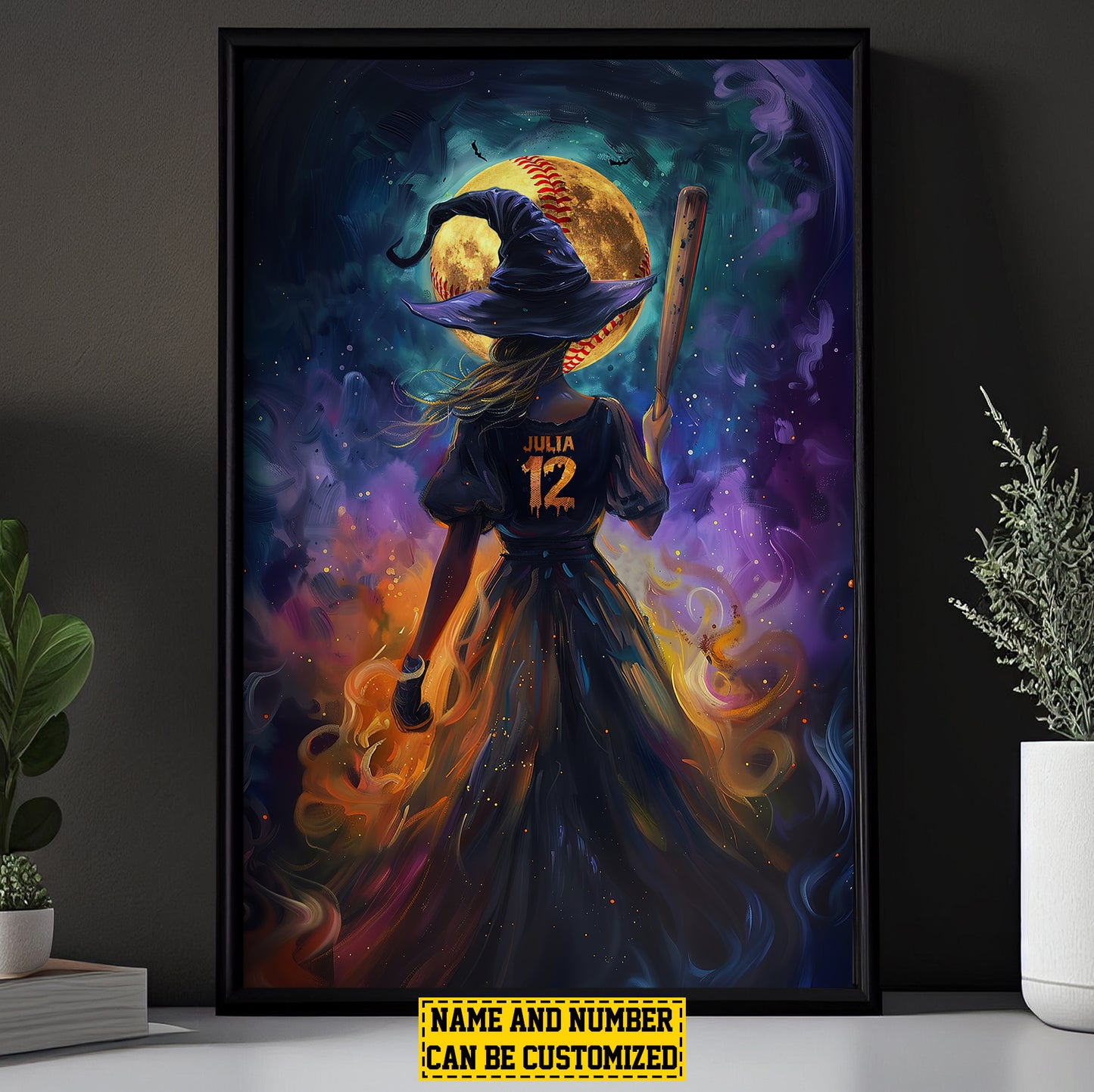 Personalized Softball Witch Canvas Painting, Spooky Season Wall Art Decor, Halloween Poster Gift For Softball Lovers, Softball Girls