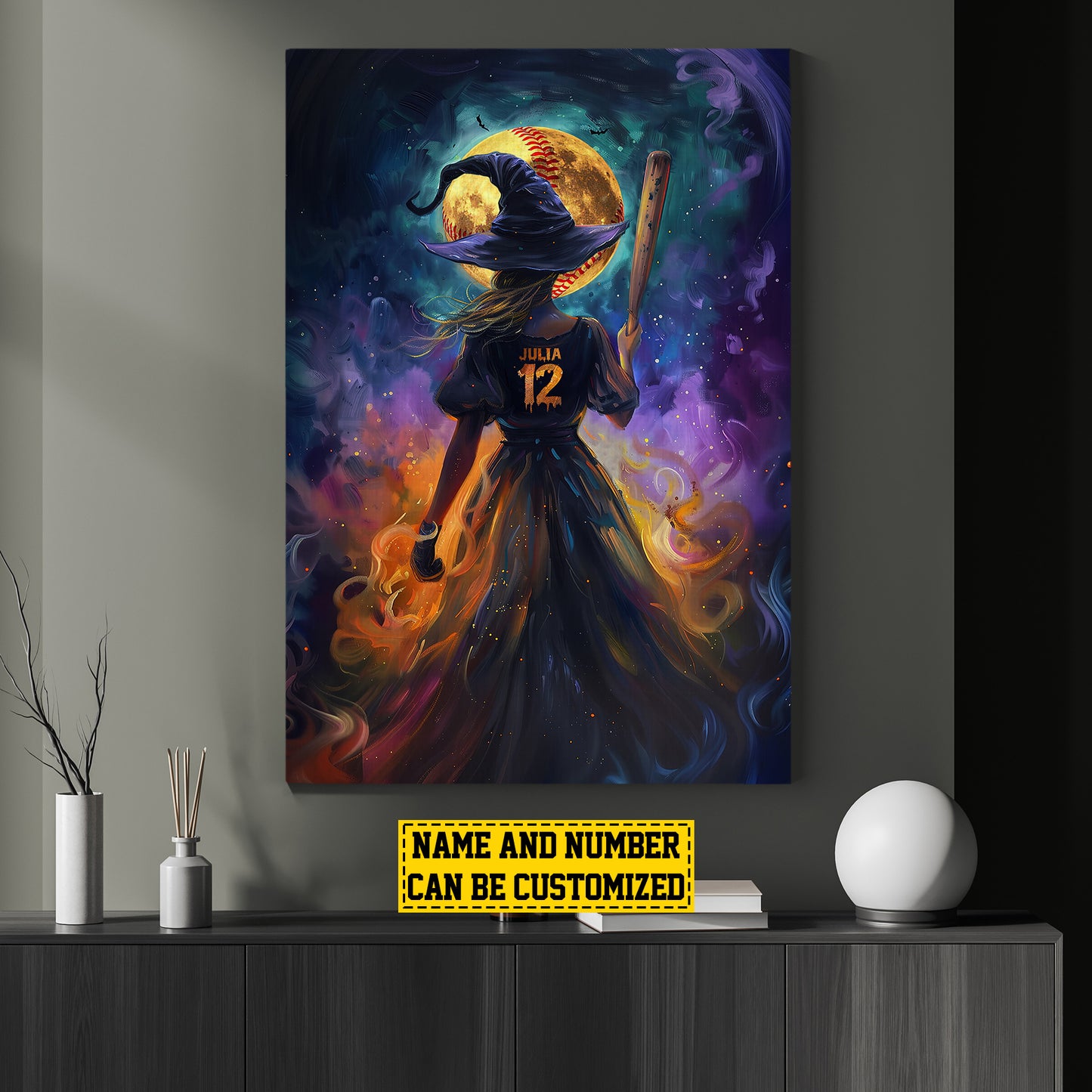 Personalized Softball Witch Canvas Painting, Spooky Season Wall Art Decor, Halloween Poster Gift For Softball Lovers, Softball Girls