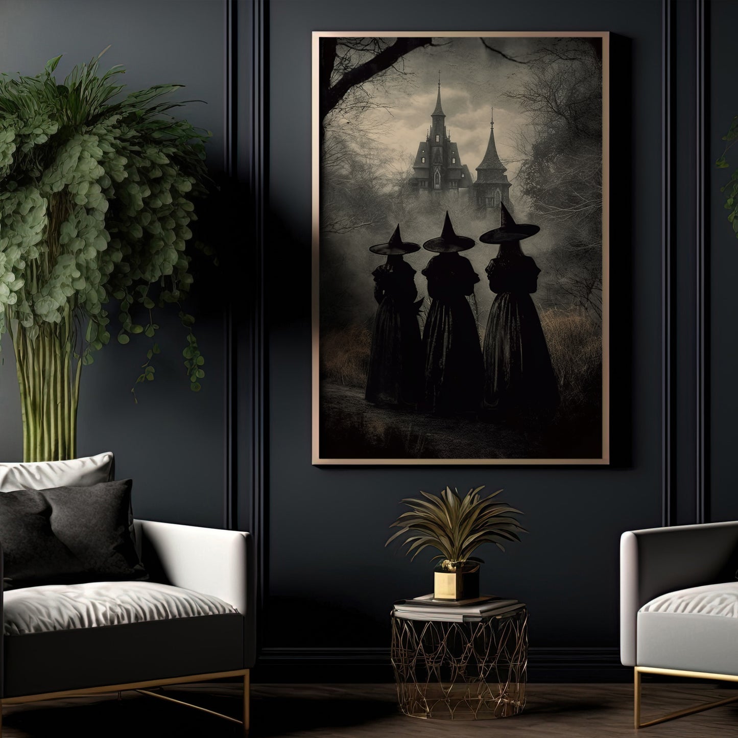 Three Witches Convene By The Haunted Castle Vintage Gothic Halloween Canvas Painting, Wall Art Decor - Dark Surreal Mythical Witch Halloween Poster Print