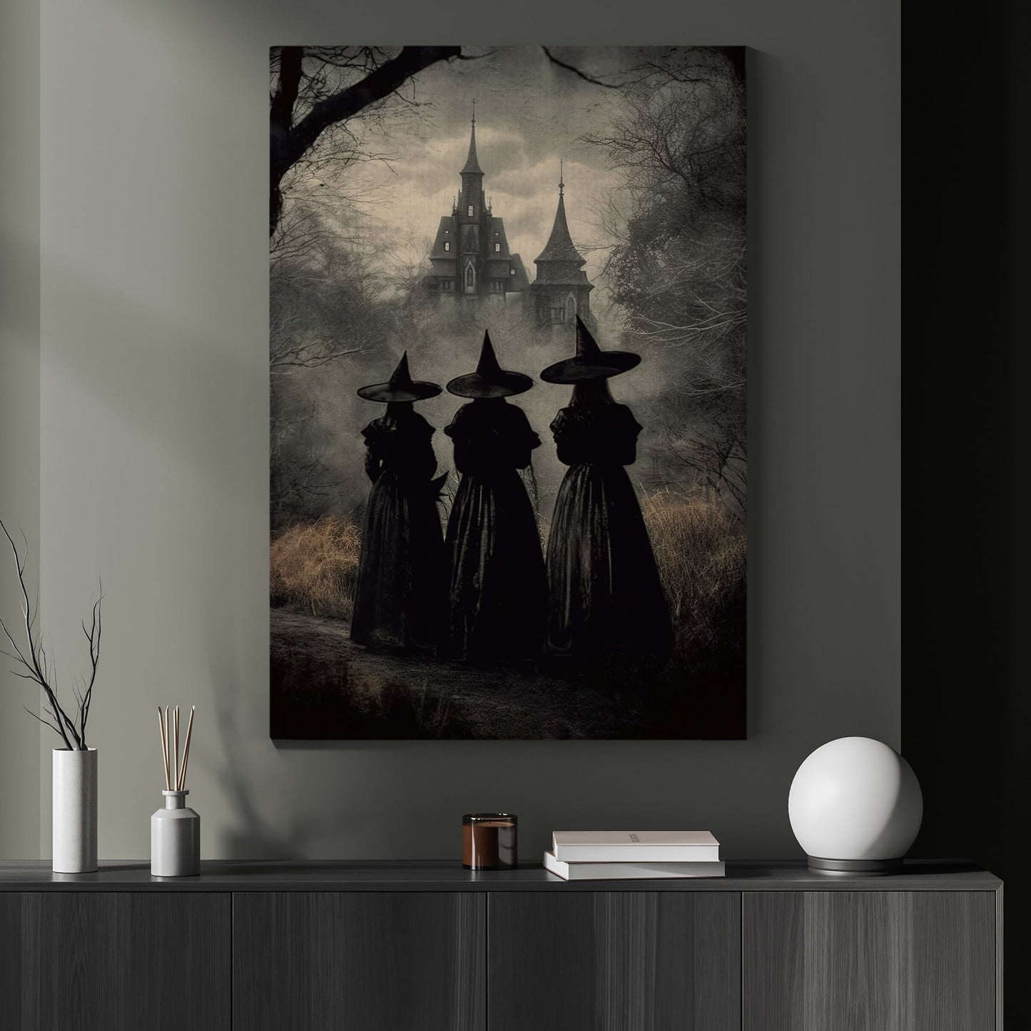 Three Witches Convene By The Haunted Castle Vintage Gothic Halloween Canvas Painting, Wall Art Decor - Dark Surreal Mythical Witch Halloween Poster Print