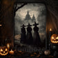 Three Witches Convene By The Haunted Castle Vintage Gothic Halloween Canvas Painting, Wall Art Decor - Dark Surreal Mythical Witch Halloween Poster Print