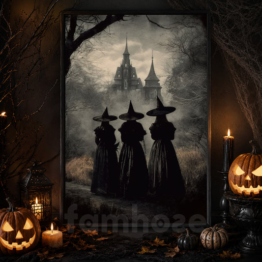 Three Witches Convene By The Haunted Castle Vintage Gothic Halloween Canvas Painting, Wall Art Decor - Dark Surreal Mythical Witch Halloween Poster Print
