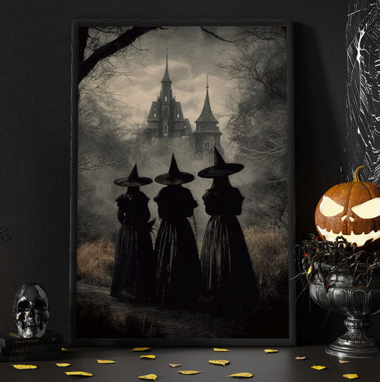 Three Witches Convene By The Haunted Castle Vintage Gothic Halloween Canvas Painting, Wall Art Decor - Dark Surreal Mythical Witch Halloween Poster Print