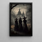 Three Witches Convene By The Haunted Castle Vintage Gothic Halloween Canvas Painting, Wall Art Decor - Dark Surreal Mythical Witch Halloween Poster Print