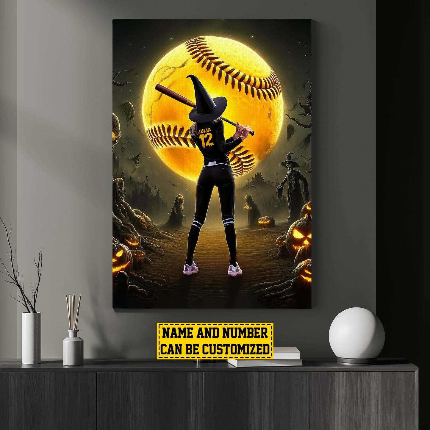 Personalized Witch's Softball Swing Canvas Painting, Spooky Season Wall Art Decor, Halloween Poster Gift For Softball Lovers, Softball Girls