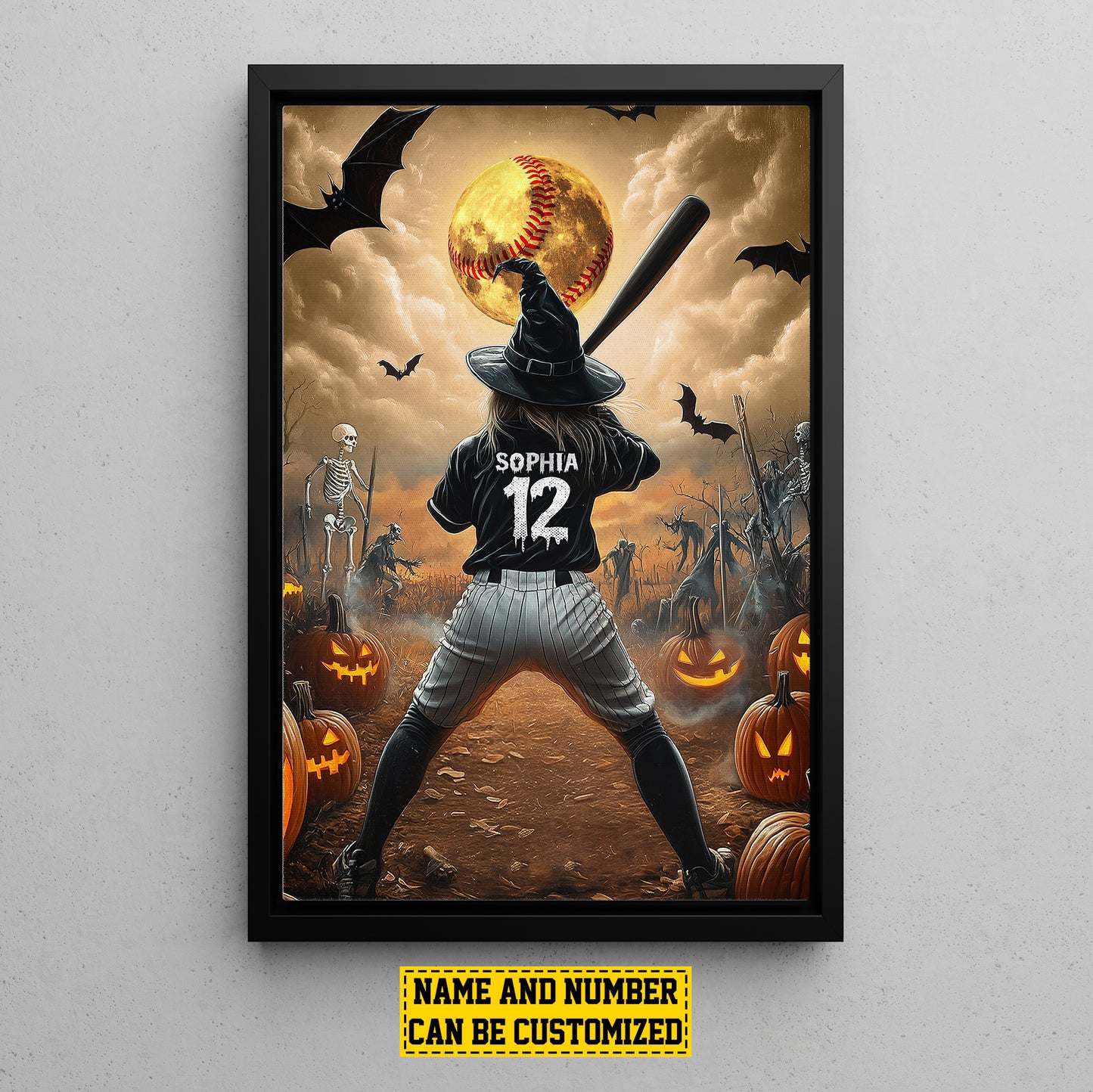 Personalized Softball Witch Canvas Painting, Spooky Season Wall Art Decor, Halloween Poster Gift For Softball Lovers, Softball Girls