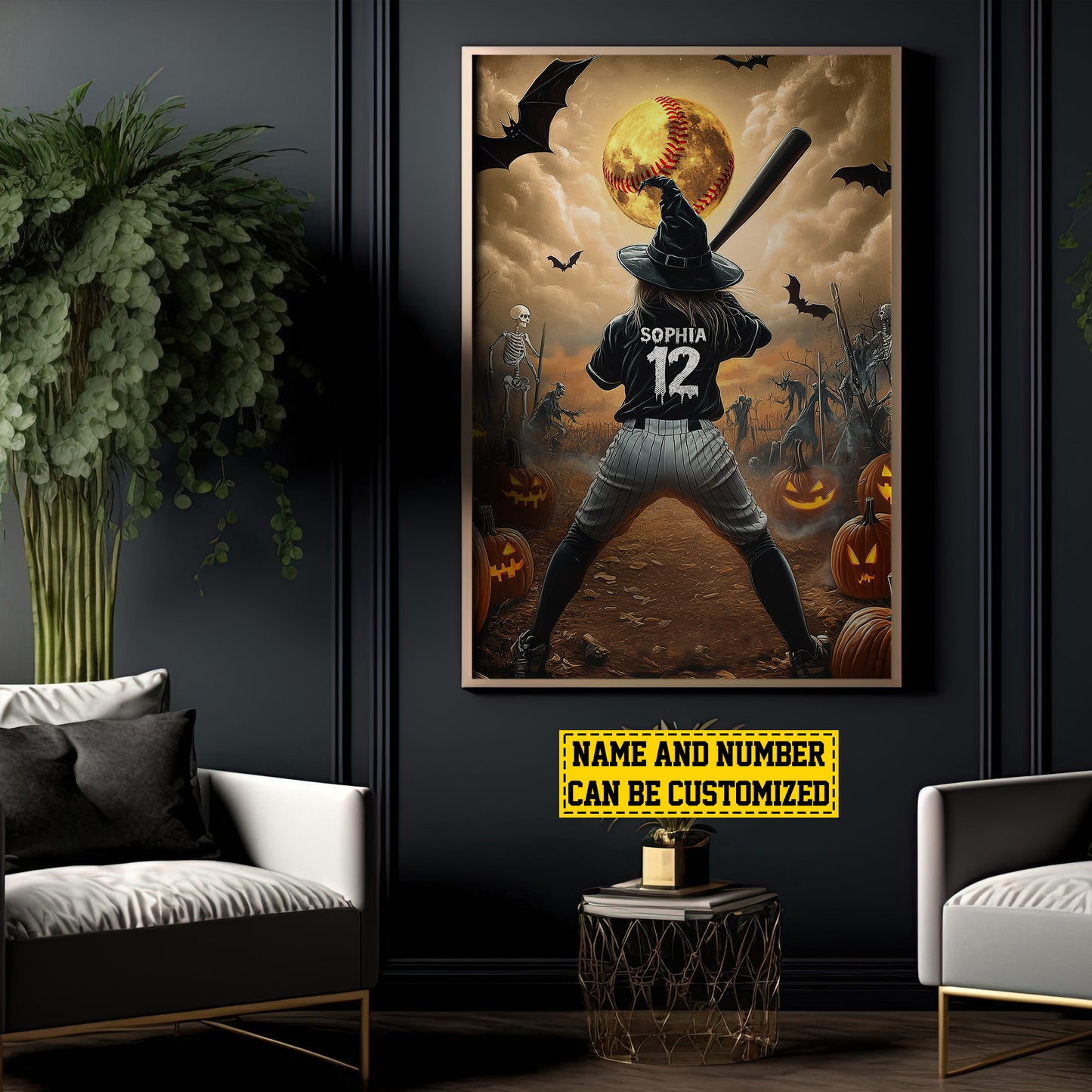 Personalized Softball Witch Canvas Painting, Spooky Season Wall Art Decor, Halloween Poster Gift For Softball Lovers, Softball Girls