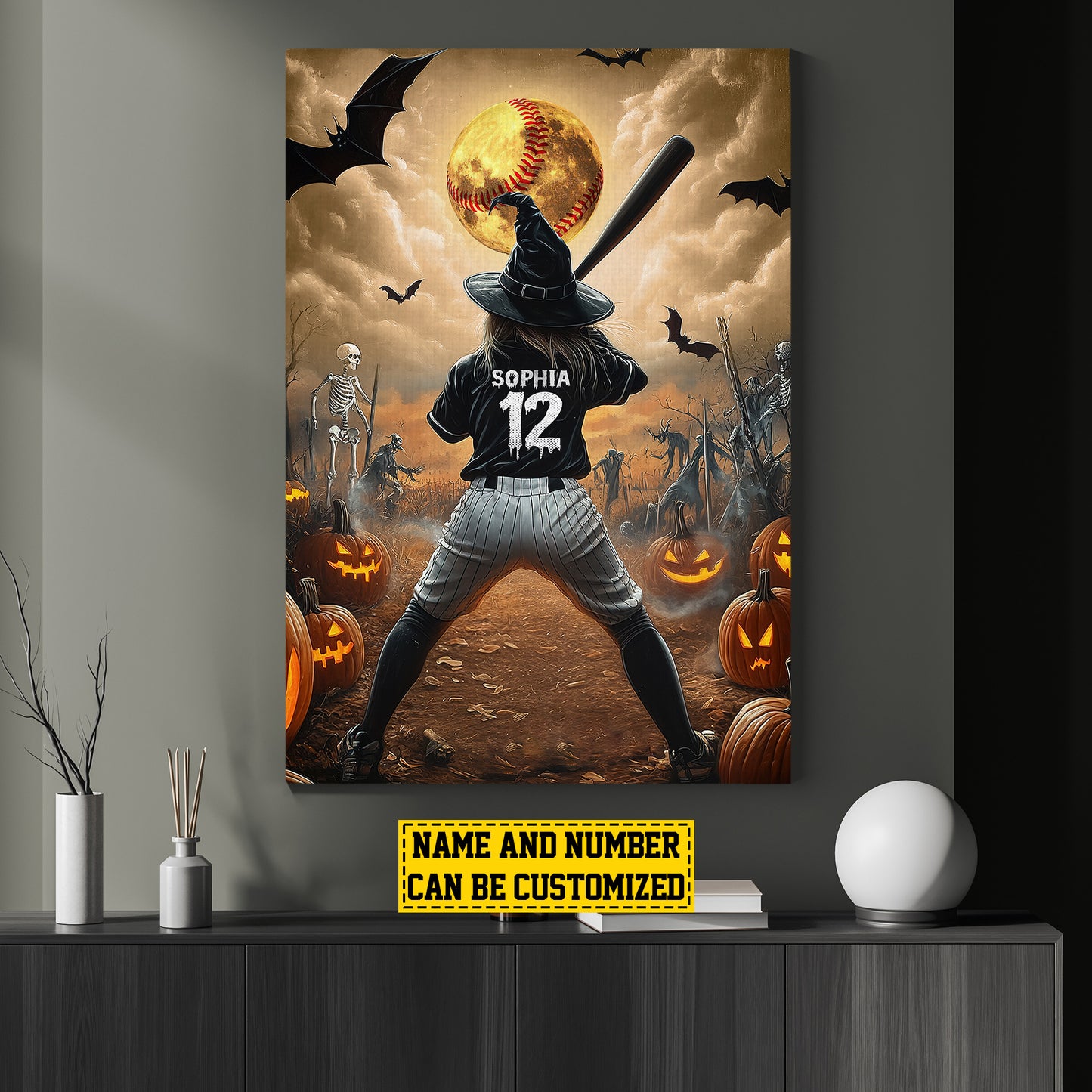 Personalized Softball Witch Canvas Painting, Spooky Season Wall Art Decor, Halloween Poster Gift For Softball Lovers, Softball Girls