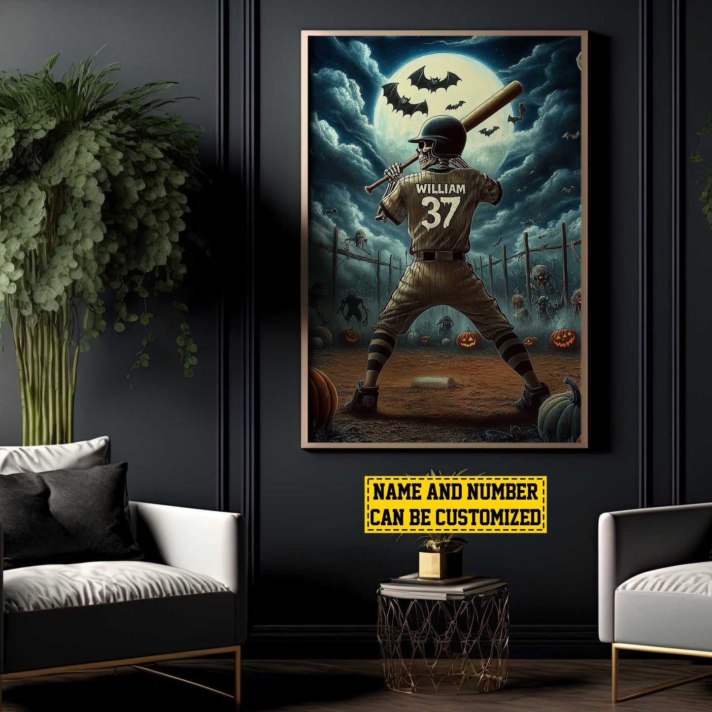 Personalized Baseball Skeleton Canvas Painting, Spooky Season Wall Art Decor, Halloween Poster Gift For Baseball Lovers, Baseball Boys