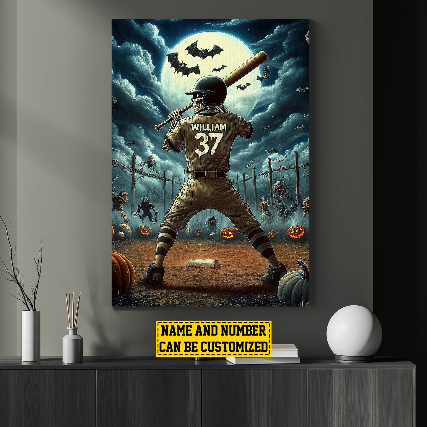 Personalized Baseball Skeleton Canvas Painting, Spooky Season Wall Art Decor, Halloween Poster Gift For Baseball Lovers, Baseball Boys