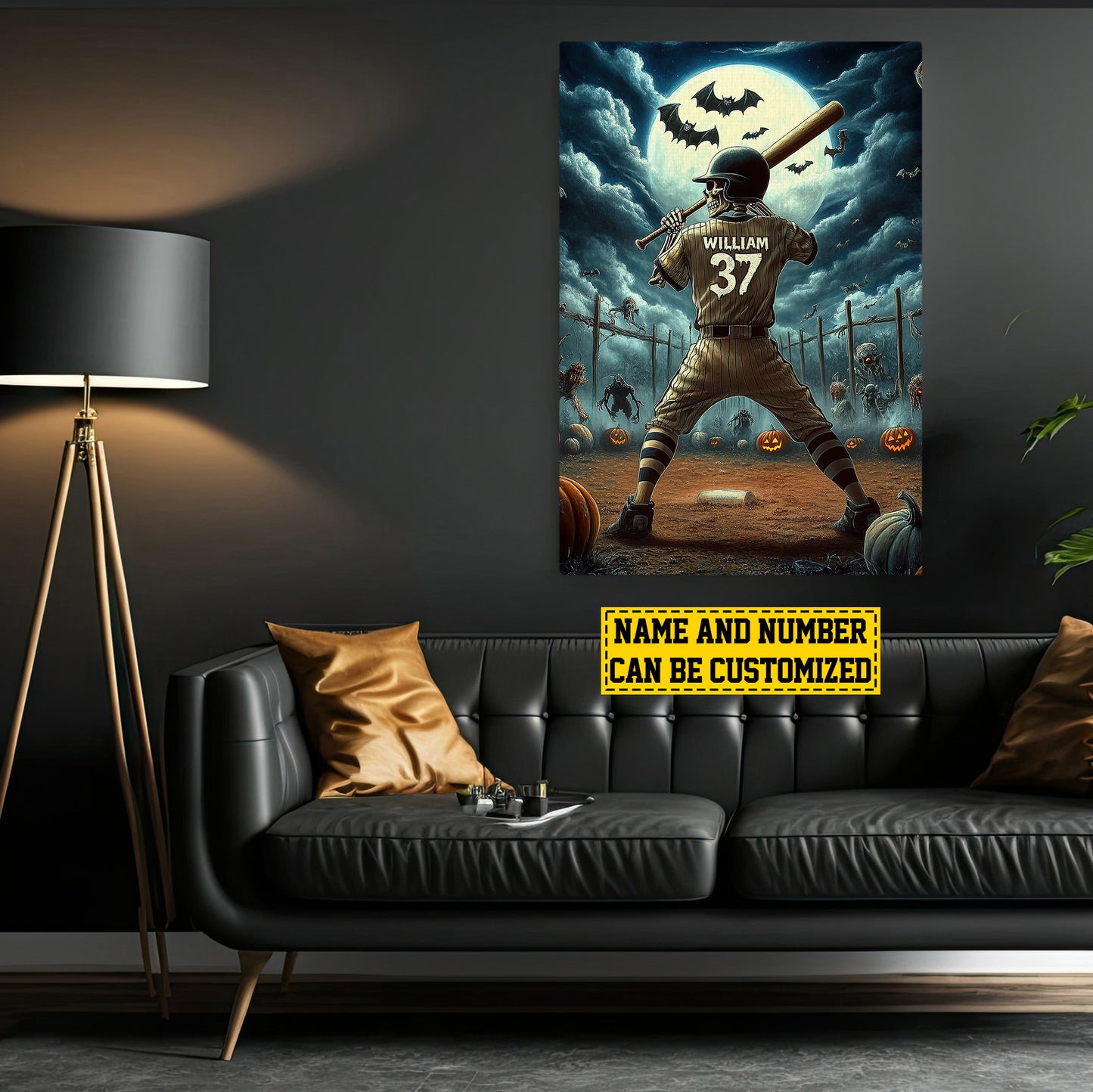 Personalized Baseball Skeleton Canvas Painting, Spooky Season Wall Art Decor, Halloween Poster Gift For Baseball Lovers, Baseball Boys