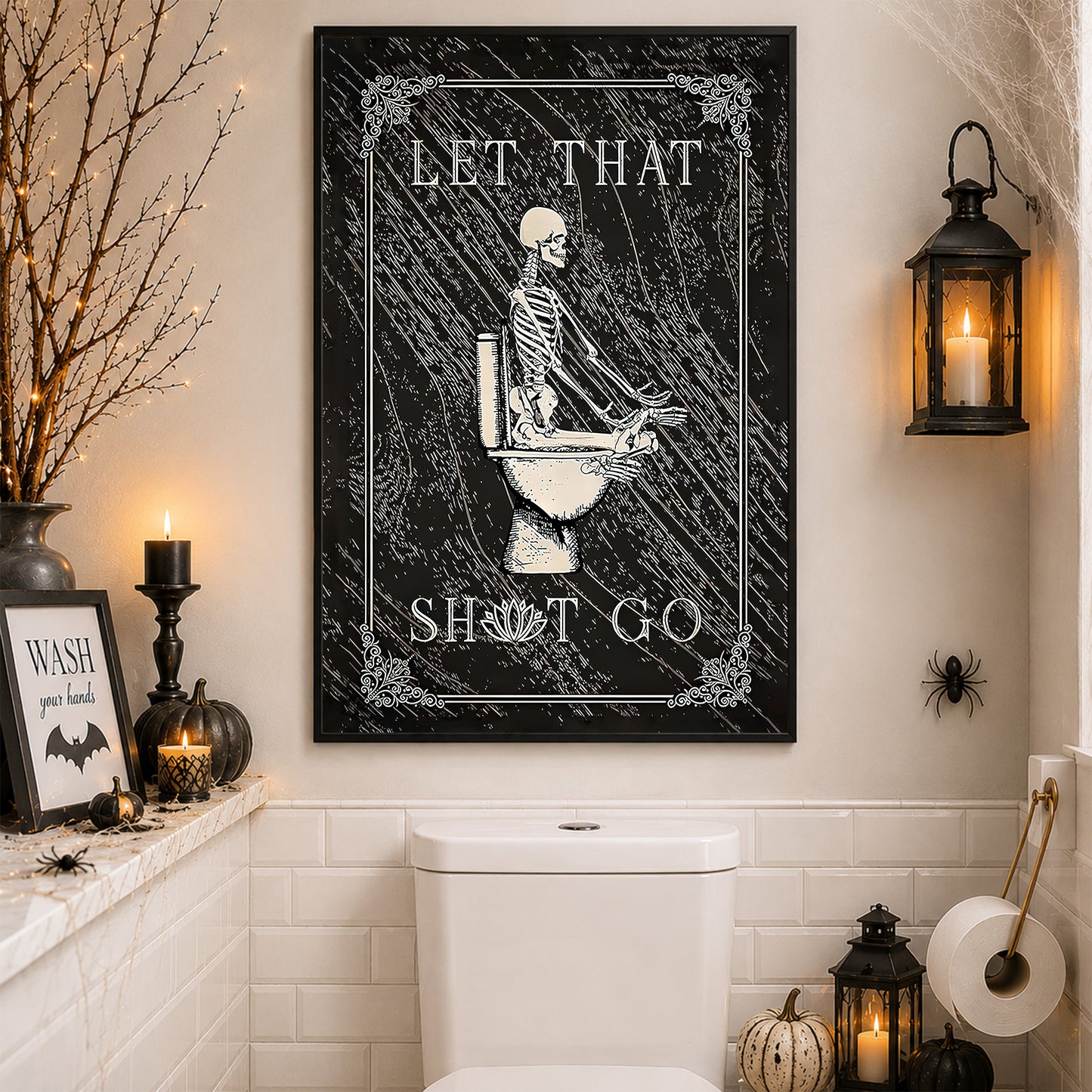 Let That Shit Go, Skeleton Canvas Painting, Spooky Season Wall Art Decor, Halloween Poster Gift For Skull Lovers
