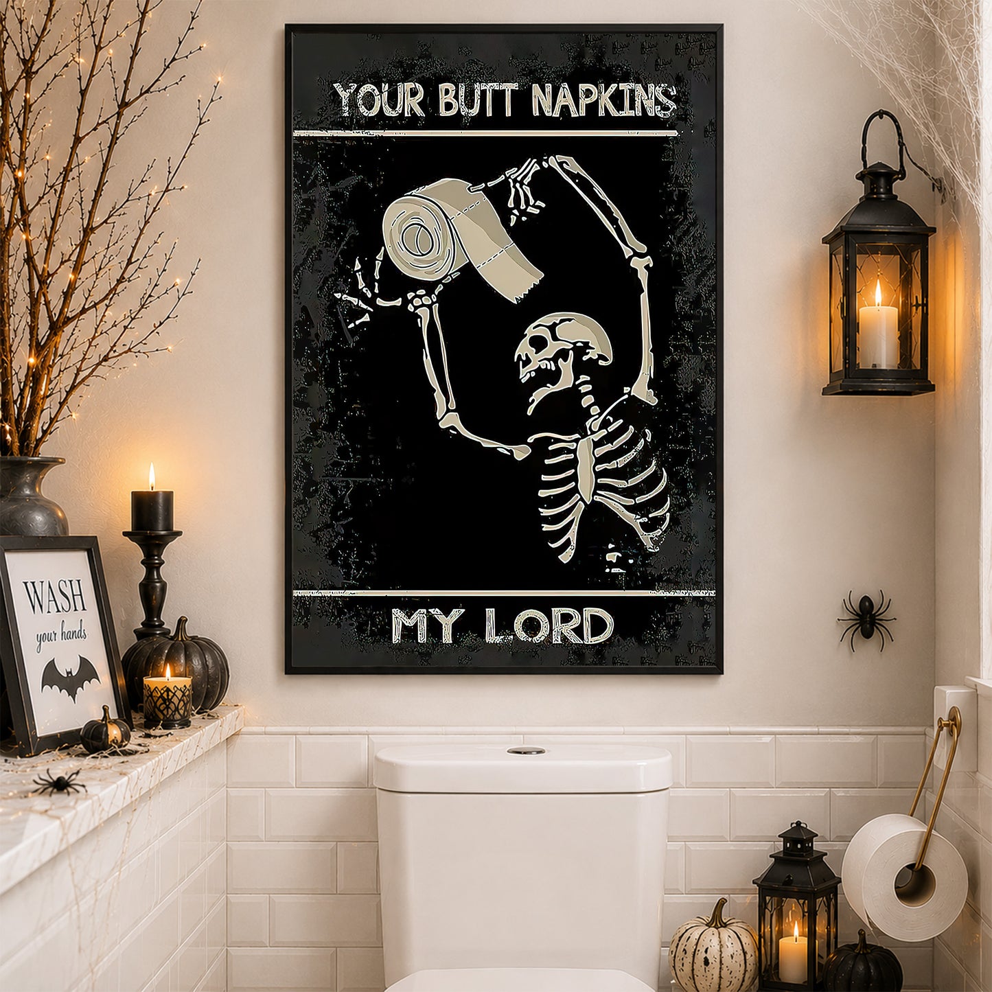 Toilet Paper Tribute, Skeleton Canvas Painting, Spooky Season Bathroom Wall Art Decor, Halloween Restroom Poster Gift For Skull Lovers