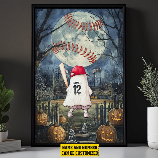 Personalized Ghostly Batter Under The Moon Canvas Painting, Spooky Season Wall Art Decor, Halloween Poster Gift For Baseball Lovers