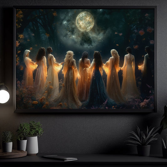 Moon Calling Magic Witchy Ritual Mythical Canvas Painting, Enchanted Moonlit Gathering Wall Art Decor, Mystic Invocation Witch Poster Print Art