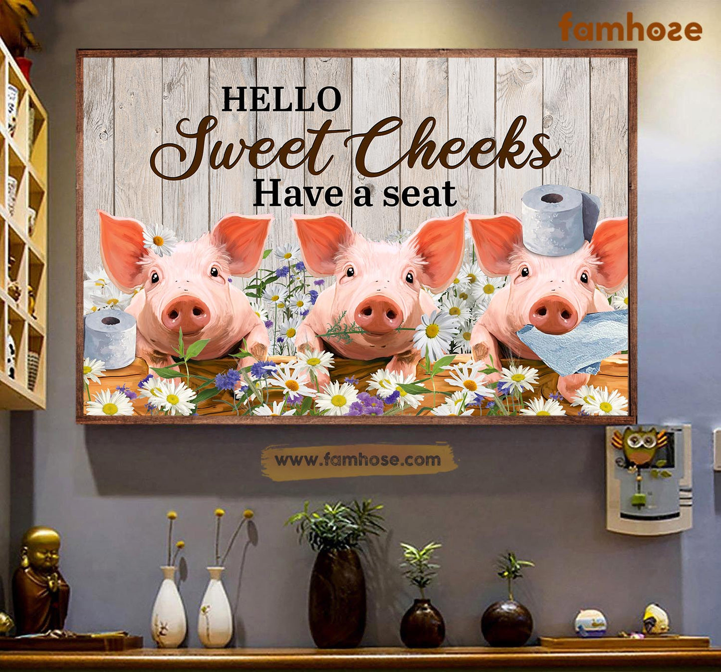 Funny Pig Poster & Canvas, Hello Sweet Cheeks Have A Seat, Pig Canvas Wall Art, Poster Gift For Pig Lovers