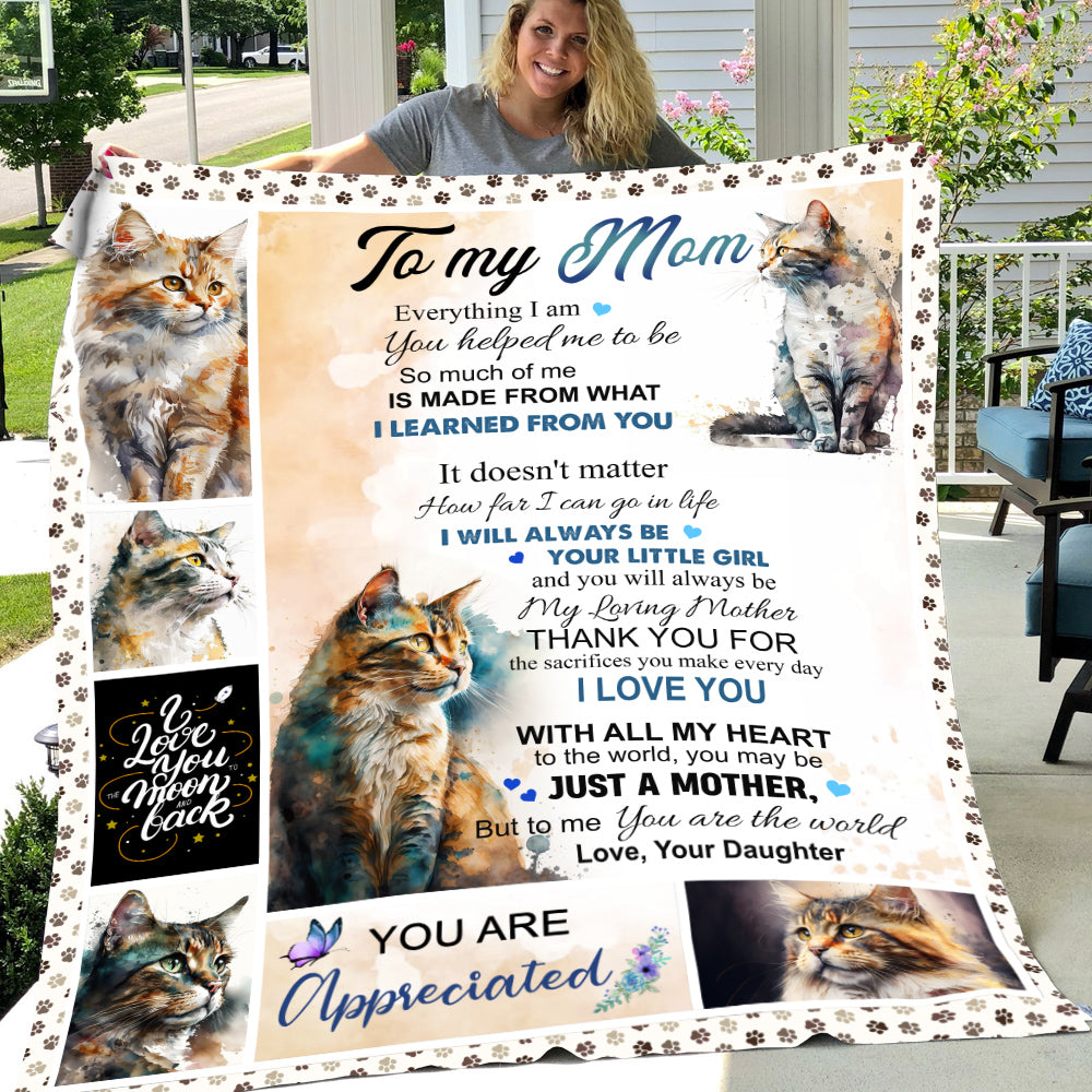 Mother's Day Cat Blanket, To My Mom To Me You're The World Love You Fleece Blanket - Sherpa Blanket Gift For Cat Lovers, Gift For Moms From Daughters