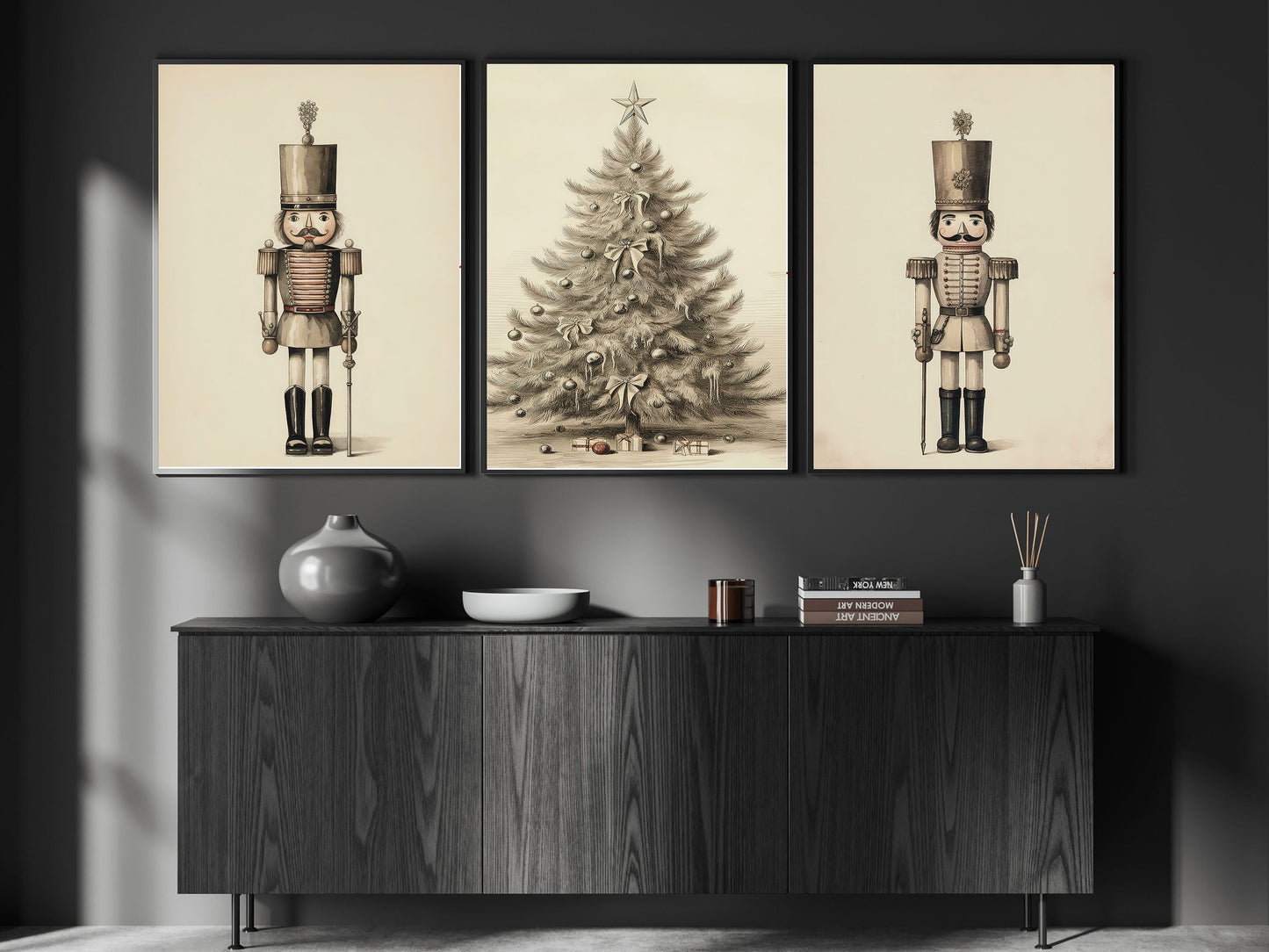 Set Of 3 Nutcrackers & Christmas Tree, Christmas Canvas Painting, Xmas Wall Art Decor - Christmas Poster Gift