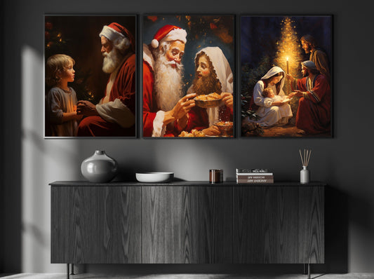 Set Of 3 Santa Claus & Holy Night Christmas, Xmas Canvas Painting, Wall Art Decor - Christmas Poster Gift