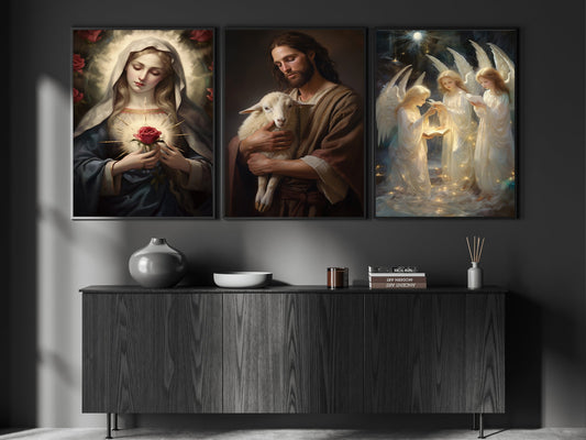 Set Of 3 Vintage Jesus Virgin Mary Angel Painting, Christmas Art Print, Christmas Canvas Print, Christmas Poster Gift