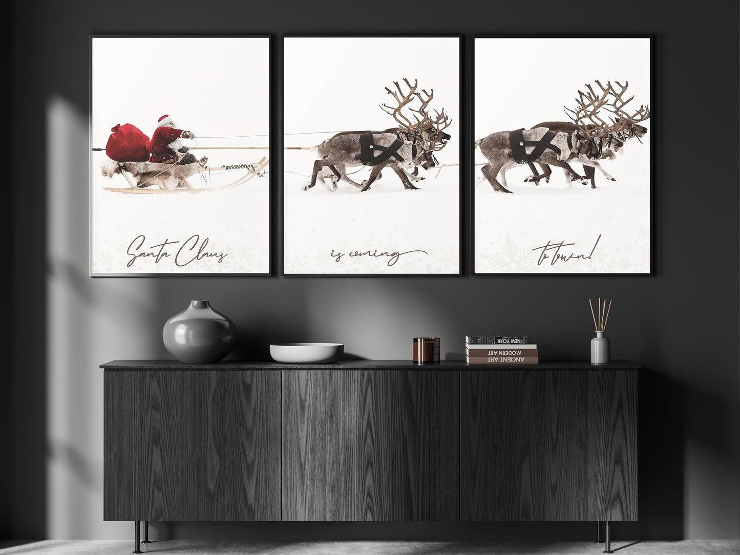 Gallery Set Of 3 Christmas Santa Claus With A Sleigh, Santa Christmas Canvas Painting, Xmas Wall Art Decor - Christmas Poster Gift