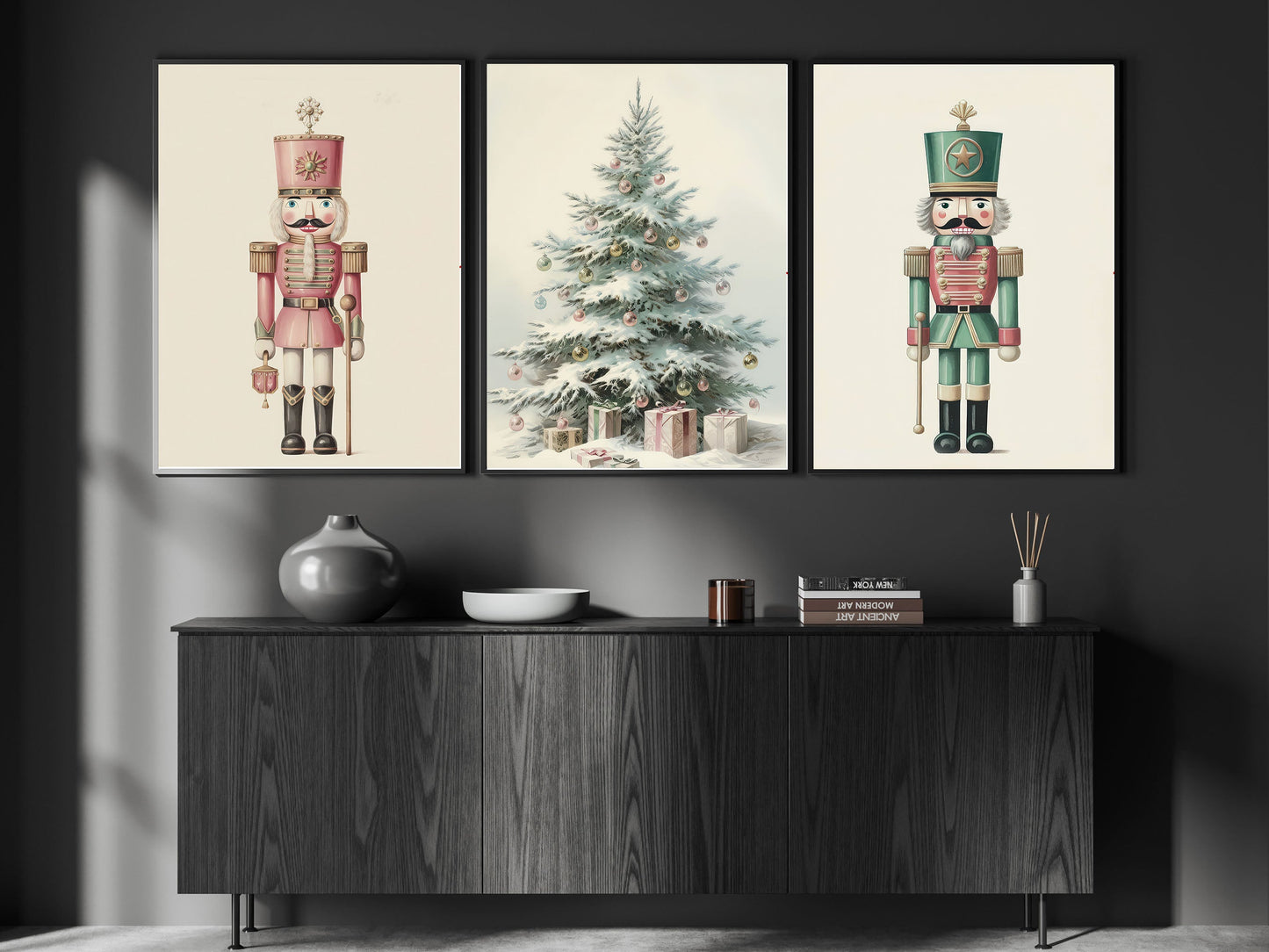 Set Of 3 Nutcrackers & Christmas Tree, Nutcrackers Canvas Painting, Xmas Wall Art Decor - Christmas Poster Gift