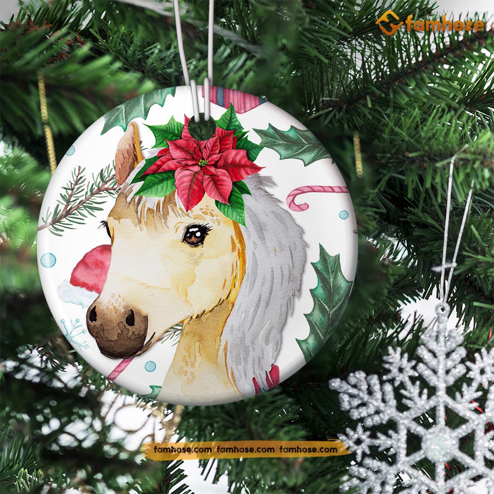 Christmas Horse Ornament, Cute Horse With Flower Hat Gift For Horse Lovers, Circle Ceramic Ornament