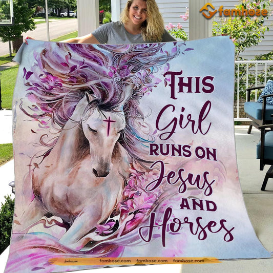 Cute Horse Blanket, This Girl Runs On Jesus And Horses Fleece Blanket - Sherpa Blanket Gift For Horse Lover