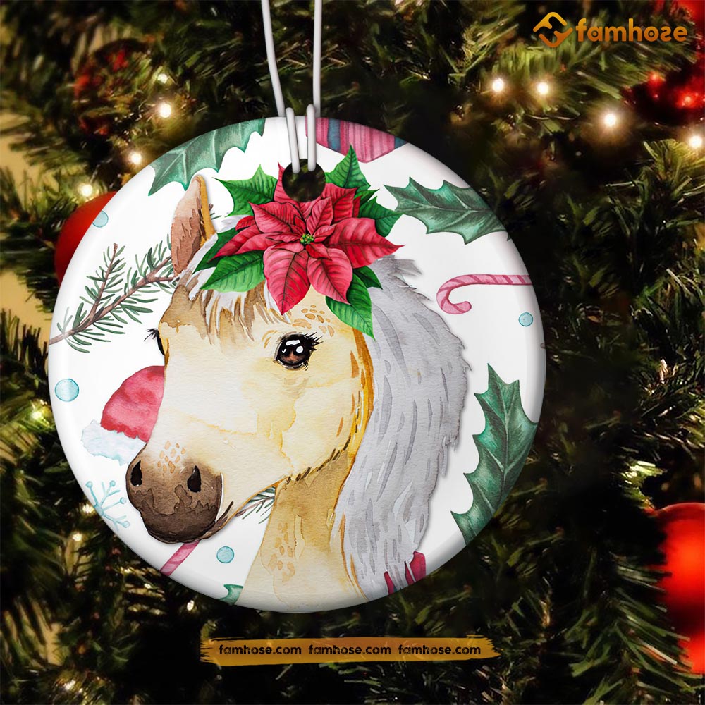 Christmas Horse Ornament, Cute Horse With Flower Hat Gift For Horse Lovers, Circle Ceramic Ornament