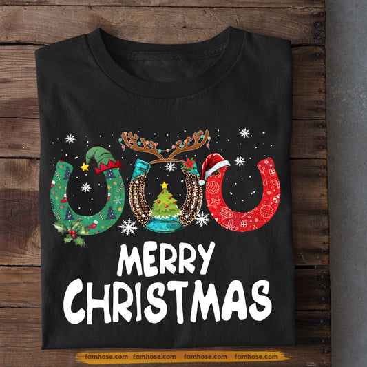 Cute Horse Christmas T-shirt, Merry Christmas Horseshoes, Gift For Horse Lovers, Horse Riders, Equestrians